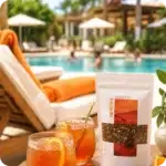Kalahari Rooibos Tee von MEE KAFFEE als erfrischender Eistee am Pool mit Orange und Eiswürfeln