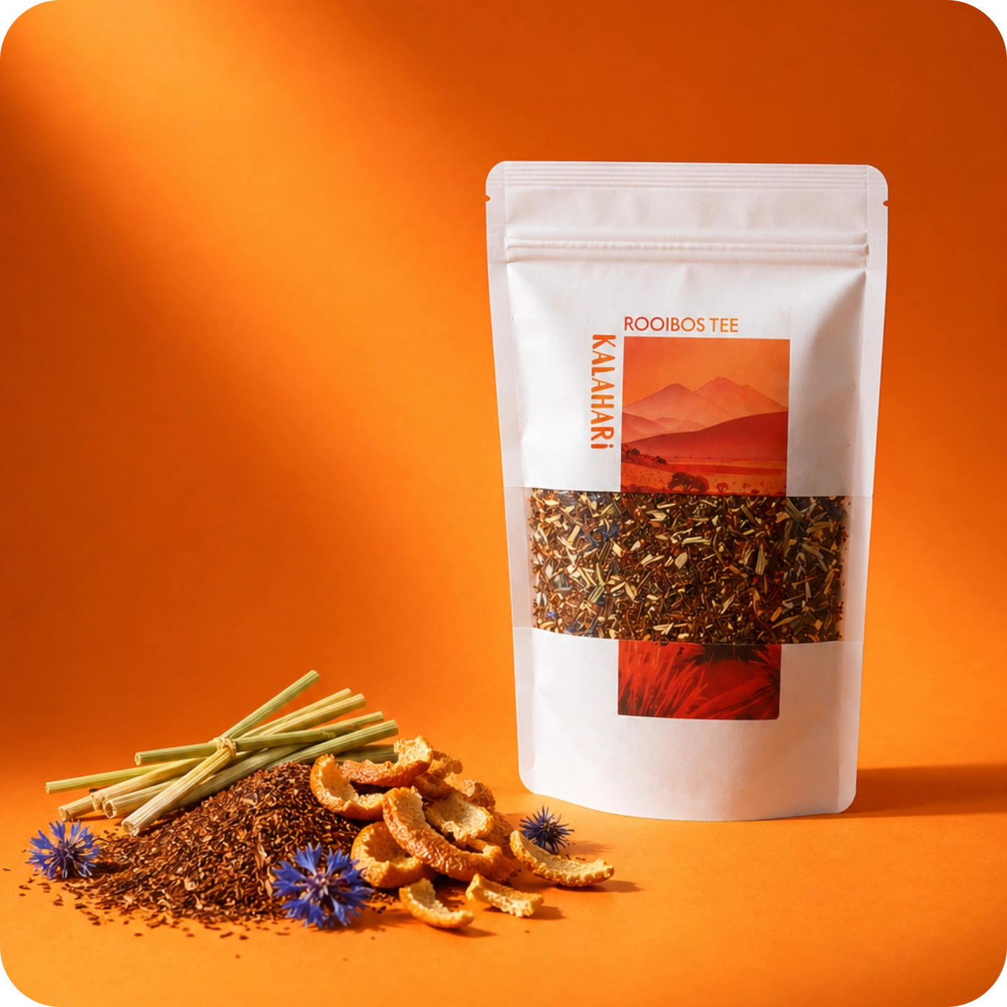 Kalahari Rooibos Tee von MEE KAFFEE mit Orangenschalen, Zitronengras und Kornblumen – ideal als Heißtee, Eistee oder Cold Brew