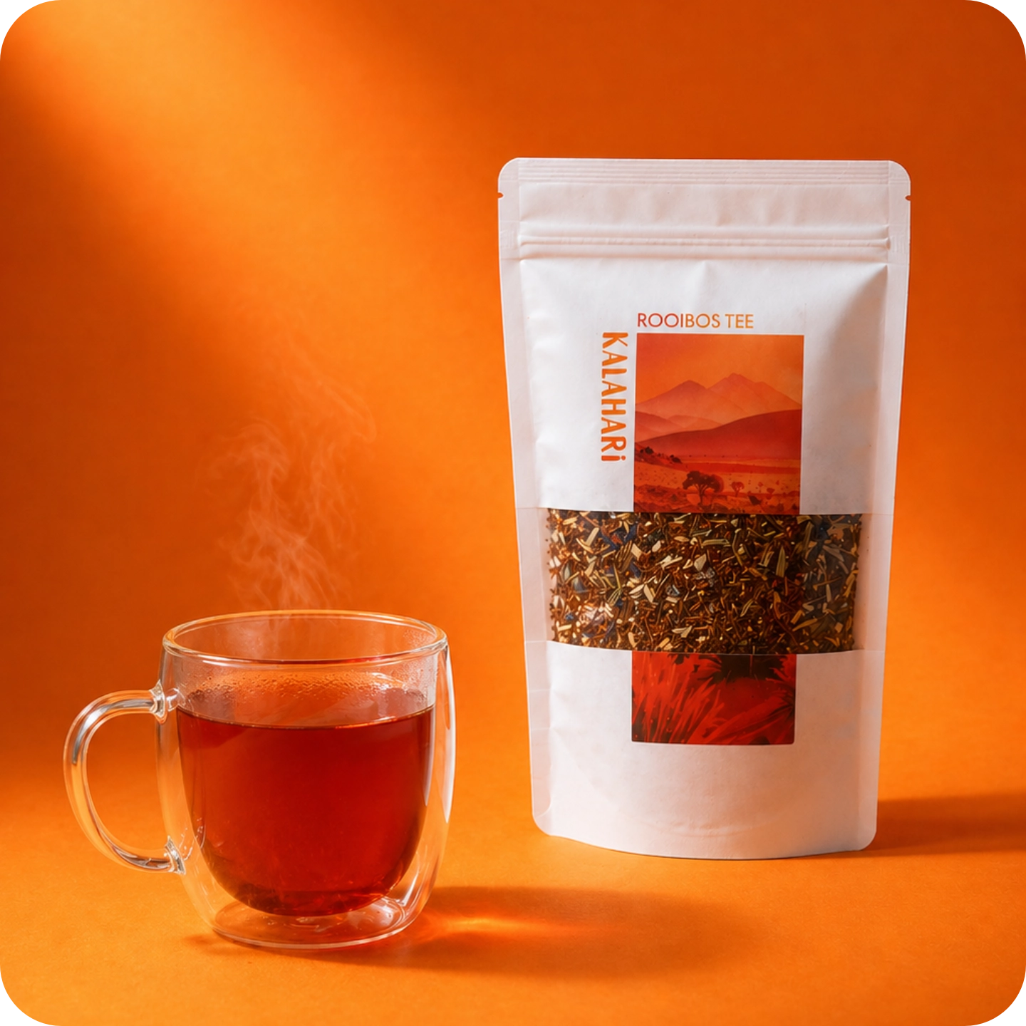 Kalahari Rooibos Tee von MEE KAFFEE mit frisch aufgebrühter Tasse Rooibos Tee auf orangefarbenem Hintergrund