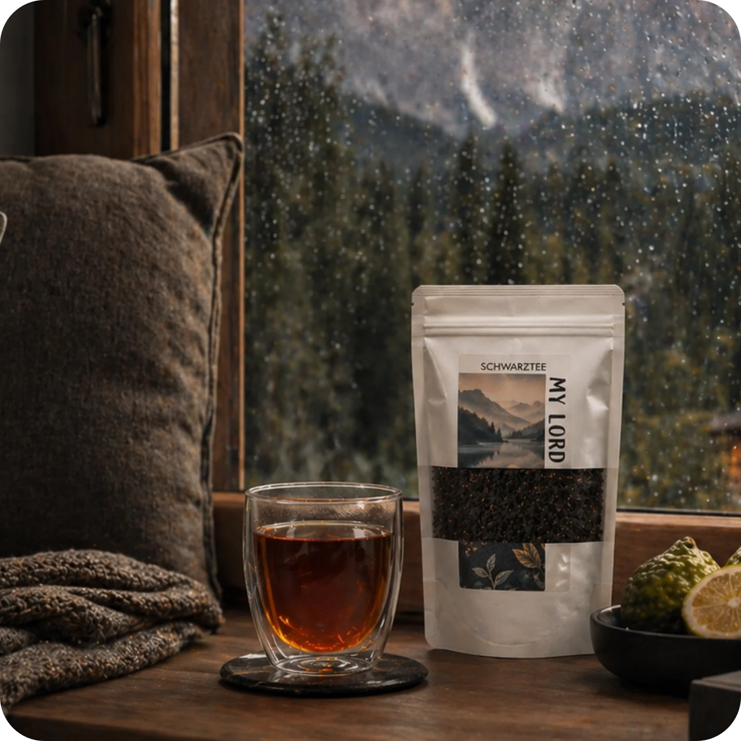 Tasse Earl Grey Tee neben loser Teemischung von MEE KAFFEE mit Schwarztee, Bergamotte, Kornblüten und Zitrusschalen – aromatische Zutatenkomposition für klassischen Teegenuss und entspannte Genussmomente