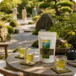 Loser Sencha Grüntee von MEE KAFFEE auf einem traditionellen Teetisch im japanischen Garten. Der hochwertige Grüntee überzeugt durch seine frische Note, feine Süße und die typisch hellgrüne Tassenfarbe.