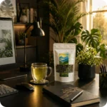 Verpackung des Sencha Grüntees von MEE KAFFEE mit einer Tasse leuchtend grünem Tee in modernem Arbeitsumfeld. Der hochwertige japanische Grüntee begeistert mit frischer, leicht grasiger Note, feinem Umami-Geschmack und natürlichem Teegenuss für jede Tageszeit.
