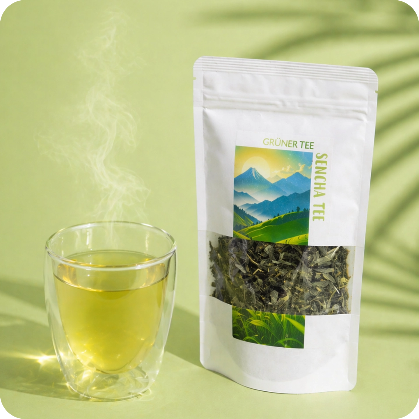 Frisch aufgegossener Sencha Grüntee und lose Teeblätter von MEE KAFFEE. Der hochwertige japanische Grüntee entfaltet ein frisches, leicht grasiges Aroma und eignet sich ideal für die tägliche Teepause.