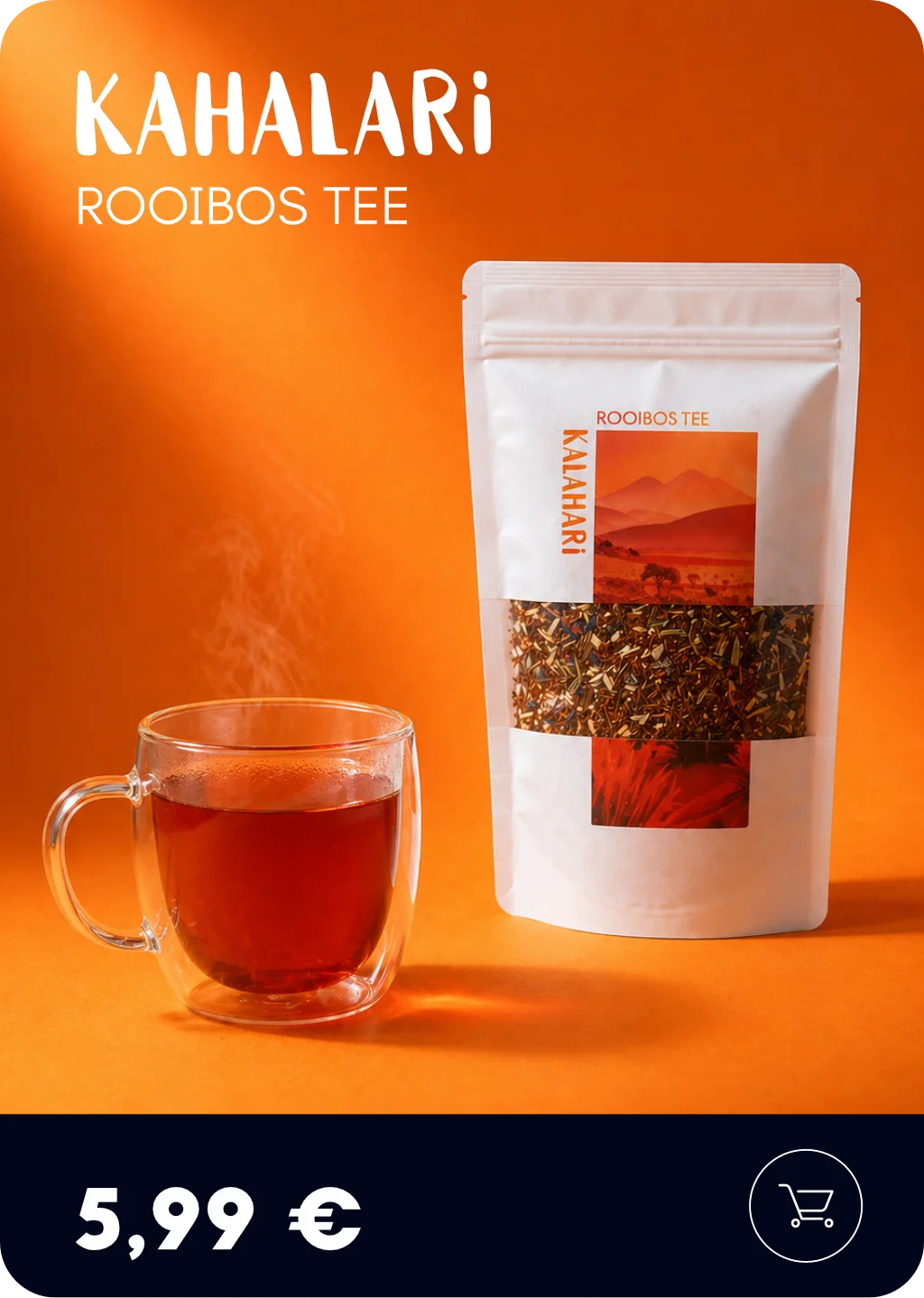Kalahari Rooibos Tee lose mit aufgebrühtem Rooibos Tee in der Tasse – fruchtig-milder Genuss ohne Koffein